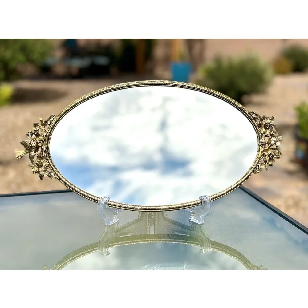 Vintage Matson Vanity Mirror Tray Birds Dogwood Gold Plated Hollywood Regency
